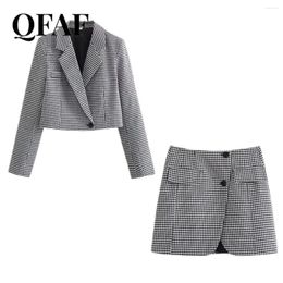 Work Dresses QFAF Houndstooth Women's Set Long Sleeve Mini Blazer And Pocket Midi Wrap Skirt 2024 Street Two 2 Piece Outfits Tracksuit