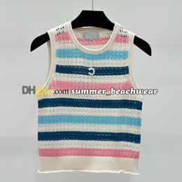 Colored Knit Vest Stylish Striped Knitted Tank Top Summer Casual Hollow Knit Tops Women Crew Neck Slim Fit Knitted Tanks Tees