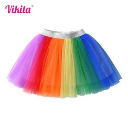 Skirts VIKITA Girls Rainbow Colorful Mini Skirts Kids Mesh Tulle Birthday Party Performance Stage Princess Skirts Children Clothing Y240522