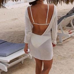Casual Dresses White For Women Sexy Mesh Backless Mini Dress Thin See Through Long Sleeve Bikini Beach Cover Ups