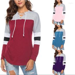 Casual Dresses Women's Fashion Autumn Spring T-shirt Sexy Long Sleeve V-neck Colour Splicing Tucked Waist Loose Oversized T Shirt Blouse Tops