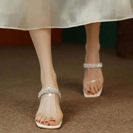 Transparente Ferse elegante Perlen klobig hohe Sommerquadratikzehe Fashion Party Pumps Sandalen Schuhe lila Grün D0c