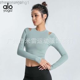 Desginer Aloe Yoga Top Alotop Womens Spring/summer Short Off Shoulder Sports Tight Apparel Shows Slim Weight and Exposes Umbilical Fitness Long Sleeves