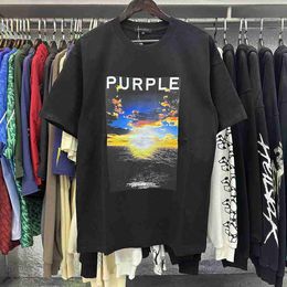 Mens Purple Printed Cotton Casual Street Short Sleeve T-shirty8nd