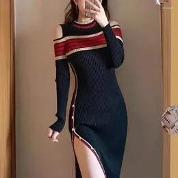 Casual Dresses Sexy Dress Ladies Party Fashion Off Shoulder Colour Block Striped Sheath Knitted Womens Elegant Sweater Split 2024