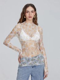 Women's T Shirts Women S Floral Lace Sheer Mesh Tops Sexy Long Sleeve T-Shirts See-Through Mock Neck Going Out Clubwear