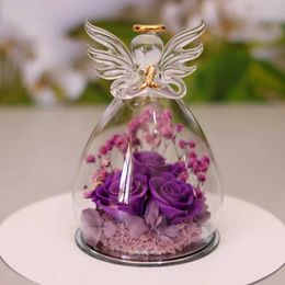 Decorative Objects Figurines Preserve Rose Angel Glass Cover for Women Eternal Flower Wedding Valentines Day Love Gift H240521 FPHK