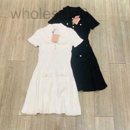 Basic & Casual Dresses designer High version Tencel 2024 Spring/Summer French ribbed lapel short sleeved knitted dress with three standard sequins WRTG