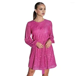 Casual Dresses O Neck Dress Elegant Sequin Mini For Prom Party Dating Shiny Strappy Tight Waist Long Sleeves Women's Solid Color