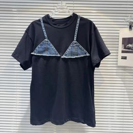 Women's T Shirts PREPOMP 2024 Summer Arrival Short Sleeve Denim Bikini Patchwork Round Neck Blue Shirt Women GP921