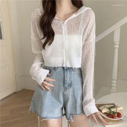 Women's Knits Spring Summer Sun-Proof Shirts Knitted Cardigan Female Tops Women Transparent Zipper Hooded Sweater Jacket Coat Ladies