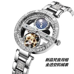 Fully self hollowed out dynamic mechanical watch moon phase diamond inlaid women mechanical watch, waterproof mechanical watch