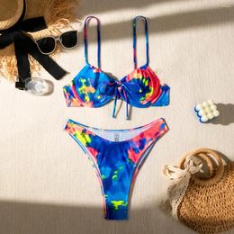 Women's Swimwear Blue Tie Dye Printed Swimsuit For Women 2024 Sexy Underwire 2 Piece Bikini Drawstring Lace-up Suspender Backless