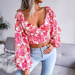 Women's Blouses Ladies Casual Holiday Style Sexy V Neck Lantern Long Sleeves Chiffon Tops Spring Summer Slim Fashion Floral Printed Short
