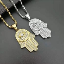 Hip Hop Turkish Evil Eye Hamsa Hand of Fatima Pendant 14K Gold Chain Iced Out Tennis Necklace Hip Hop Jewellery