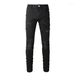 Men's Jeans Black EU Drip High Street Slim Fit Distressed Holes Leather Ribs Patchwork Stretch Ripped For Young Boy