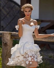 Wedding Dress Bohemian Short 3D Floral Aliques Ruched Off the Shoulder Knee Length Garden Bridal Gowns 2024 Sring Summer Country Vestido De Novia Back