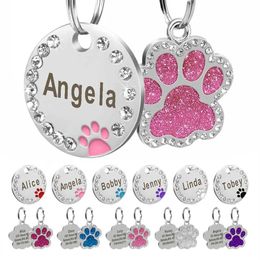 Cat Collars Leads Personalized Dog ID Tag Bling Rhinestone Puppy Kitten Name Tags Anti-lost Pet Collar Accessories Free Engraved Products H240522