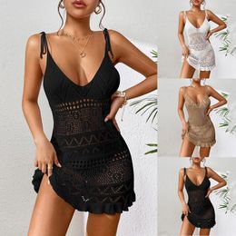 Women Sexy Hollow Out Beach Dress Knitted Suspender Deep V Skirt Crochet Solid Color Cover Up Bathing Suit Swimming
