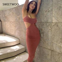 Casual Dresses 2024 Summer Dress Female Knitted Suspender Long Skirt Halter Sexy Hollow Prom