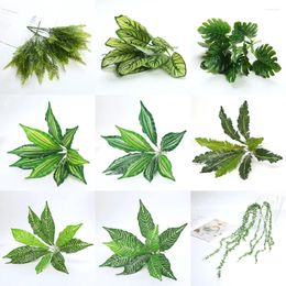 Decorative Flowers Green Artificial Tropical Plastic Leaves Hawaiian Safari Jungle Party Decorations Grass Wall Fake Leaf Birthday Home