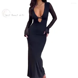 Casual Dresses Fall Elegant Cocktail For Wedding Guest Club Bodycon Black Tie Front Long Sleeve Deep V Neck Dress