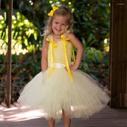 Girl Dresses Lovely Girls Yellow Ribbons Tutu Dress Baby Crochet Tulle Strap With Hairbow Kids Birthday Party Costume Cloth