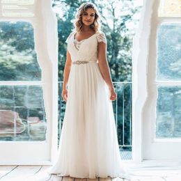 Plus Size Wedding Dresses V Neck Short Sleeve Brush Chiffon Train Illusion Back Beaded Sash Waist Summer Wedding Dress 278S