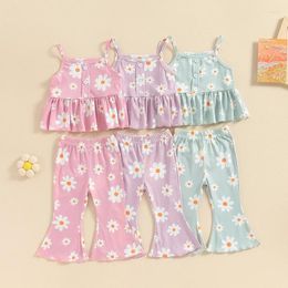 Clothing Sets 2024 Toddler Kids Girls Summer Ribbed Floral Print Ruffles Button Tanks Tops Elastic Waist Flare Pants Outfits