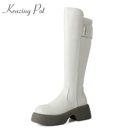 Boots Krazing Pot Cow Leather Round Toe Thick High Heels Equestrian Long Belt Buckle Platform Zip Stovepipe Thigh