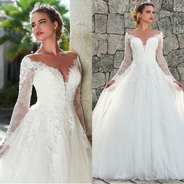 Elegant Lace A-Line Wedding Dresses Illusion Neckline Long Sleeve Vestios De Novia Tulle Applique Custom Made Sexy Back Bridal Wedding 247M