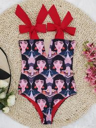 Women's Swimwear One Piece Swimsuit 2024 Cute Women Bow Hollow Out Bathing Suit Back Crisscross Monokini Swim