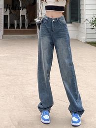 Women's Jeans Hit Colour Pockets Vintage Wide Leg Women Spring High Waist Loose Baggy Blue Denim Pants Female Streetwear
