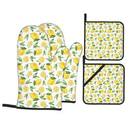 Bright Yellow Lemons Oven Mitts and Pot Holders Sets of 4 Resistant Pads with Non-Slip Gloves for Cooking Baking Grilling 240522