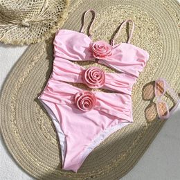 Women's Swimwear Sexy Pink 3D Flower Woman One Piece Swimsuits Female Cut Out Monokini Bathing Swimming For Women Bathers Swim 2024