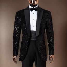 Shining Sequins Men Suits Tuxedo Slim Fit Notched Lapel One Button Blazer with Pants 2 Pcs Tailored Groom Wedding Party Jacket 240518