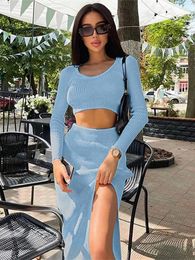 Work Dresses Habbris Fall Sexy Solid Ribbed 2 Two Piece Sets Outfit For Women 2024 Long Sleeve O Neck Crop Top And Skirt Female