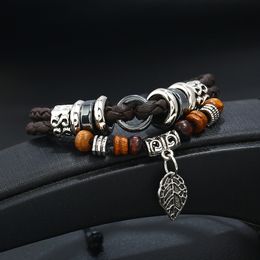 Retro Tree Leaf Charm Bracelet Designer Jewellery Chain ajustable Wood Beads Multilayer Wrap wristband bangle cuff woman man Jewellery gift