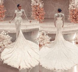 Fanstic Lace Beads Arabic Dubai High Neck Wedding Dresses Sheer Long Sleeves Appliques Mermaid Bridal Gowns With Long Train BC18727