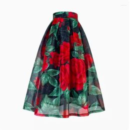 Skirts Vintage Elegant High Waist Long Midi Skirt For Women Aesthetic Red Rose Floral Print Party Organza Tulle Summer