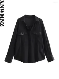 Women's Blouses XNWMNZ 2024 Fashion Black Satin Crepe Shirt Women Lapel Long Sleeve Pocket Office Lady Chic Female Top
