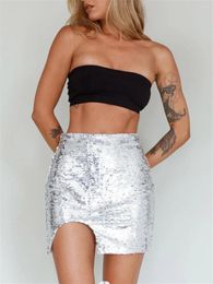 Skirts Women Mini Skirt High Waist Shiny Sequined Asymmetric Slim Fit Summer Bodycon Clubwear