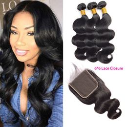Brazilian Virgin Hair 3 Bundles With 6X6 Lace Closure Middle Three Free Part Body Wave Hair Products Wefts Six By Six Dfalo