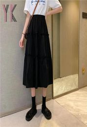 Skirts Wood Ear Trim Stitching White Pleated Long Cake Skirt Summer Black Fashion Kawaii Harajuku Midi ALine Korean Wild Saia5014235