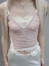 Women's Tanks HOUZHOU Y2k Crop Top Women Summer Streetwear Sweet Pink Girl Bow Coquette Camis Lace Bodycon Fairy Grunge Sexy Tops