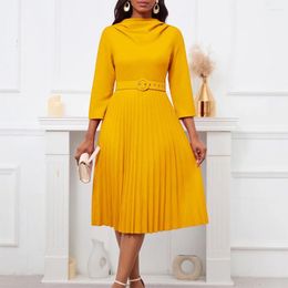 Casual Dresses Elegant Office Pleated Round Neck Three Quarter Sleeve Belt Waisted Formal African Business Work Wear Vestidos Mujer