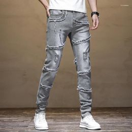 Men's Jeans 2024 Handsome Ripped Stitching Slim Fit Stretch Personality Frayed Retro Washed Motorcycle Trousers
