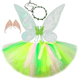 Skirts Pink Green Fairy Tutu Skirt Outfit for Girls Jungle Forest Elf Dress Up Costumes for Kids Halloween Christmas Skirts with Wings Y240522