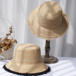 Berets 202405-2508920 Ins Summer Natural Fine Raffia Grass Burr Brim Vacation Sunscreen Lady Bucket Cap Women Leisure Hat