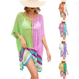 Women Crochet Bathing Suit Cover Up Summer Bikinis Loose Color-Block Beach-Dress Hollow Out Swimsuit